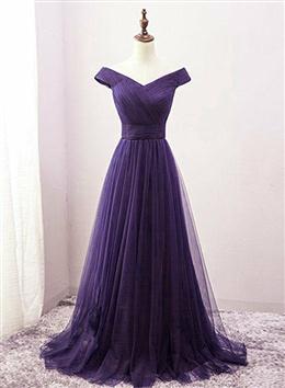 Picture of Dark Purple Sweetheart Tulle Off Shoulder Bridesmaid Dresses, Long Prom Dresses